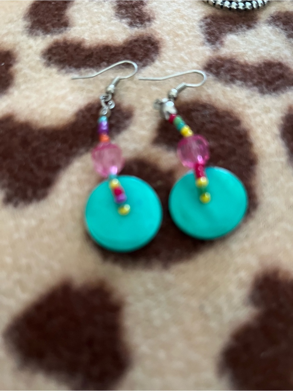 Turquoise Disc Beaded Drop Earrings with Pink Accents